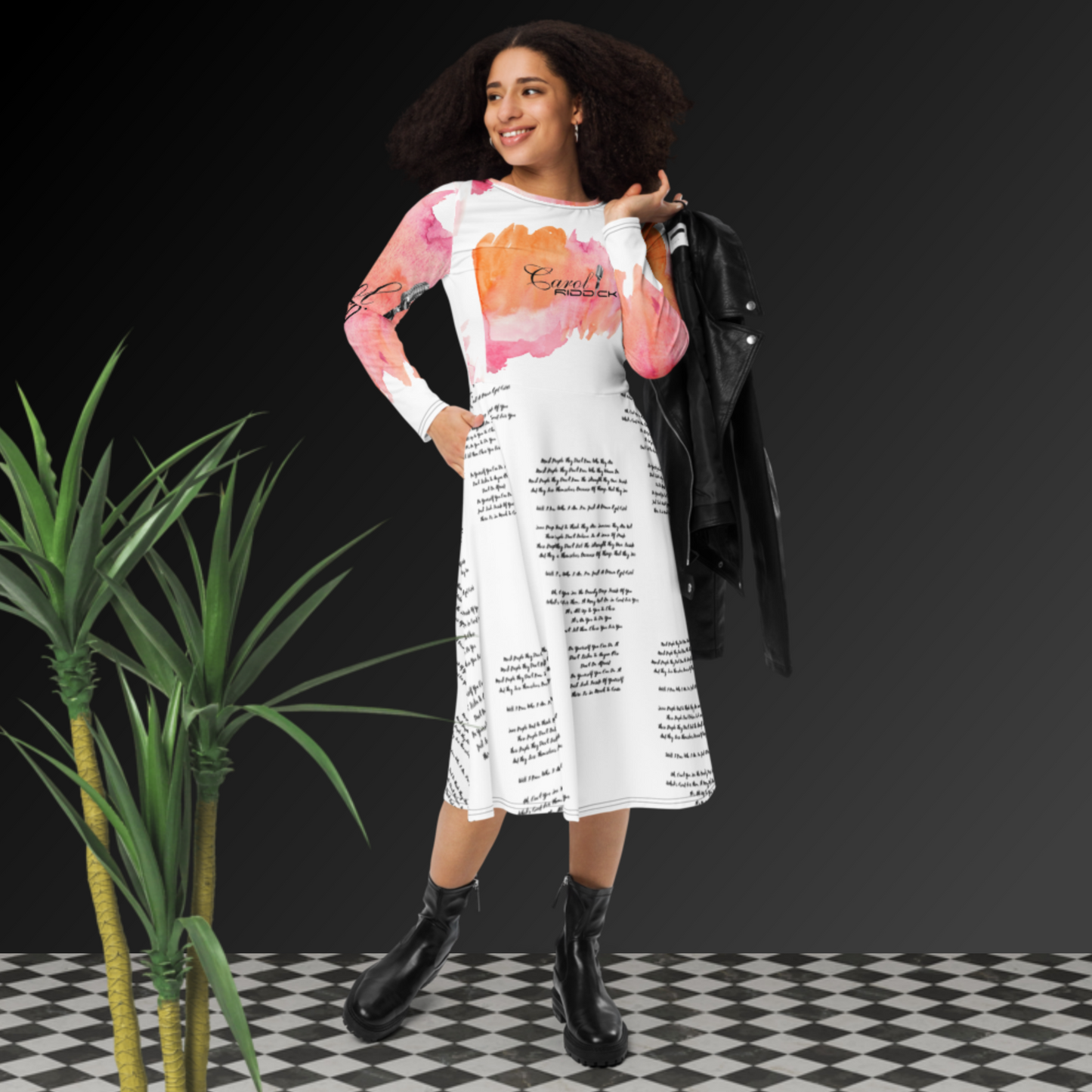 Carol Riddick long sleeve "Lyrics" midi dress (Blanc)